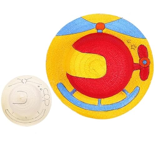 Hrlace Strohhut Kinder Kappe zum Bemalen DIY Malmalerei Leere Strohhüte Strand Strohhut Kinder Basteln Handwerk Spielzeug Deko für Ostergeburtstagsfeier Gefälligkeiten, 2 set Flugzeug von Hrlace