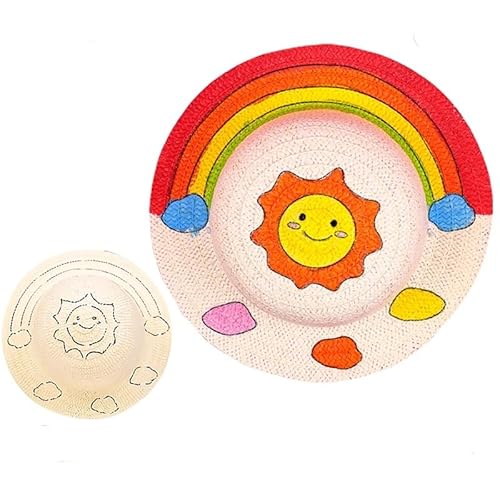 Hrlace Strohhut Kinder Kappe zum Bemalen DIY Malmalerei Leere Strohhüte Strand Strohhut Kinder Basteln Handwerk Spielzeug Deko für Ostergeburtstagsfeier Gefälligkeiten, 2 set Regenbogen von Hrlace