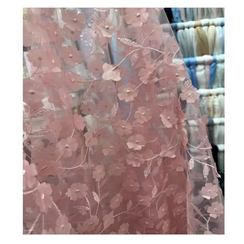 Hrlace Tüll Stoff 130cm x 2 Yard 3D Blumen Bestickter Tüllstoff Transparenter Netzstoff zum Nähen Mode Spitzenstoff für DIY Basteln Hochzeitskleid Tüllröcken Kostümen Heimdekoration Rosa von Hrlace