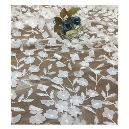 Hrlace Tüll Stoff 130cm x 3 Yard 3D Blumen Bestickter Tüllstoff Transparenter Netzstoff zum Nähen Mode Spitzenstoff für DIY Basteln Hochzeitskleid Tüllröcken Kostümen Heimdekoration Weiß von Hrlace