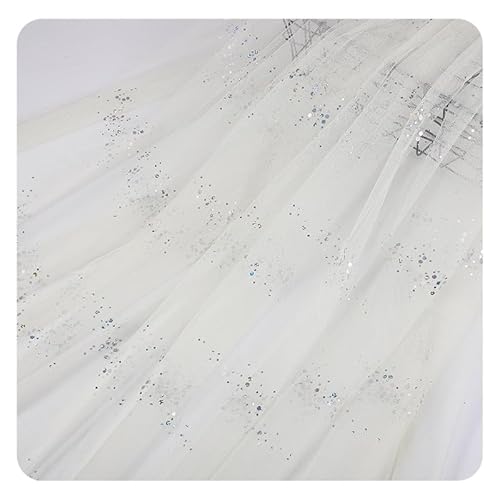 Hrlace Tüll Stoff 150 cm Breit Glitzer Tüll Dekostoff mit kleine Pailletten Meterware Sparkle Tüllstoff Mash Stoffe für Nähen, DIY Bekleidung, Tüll Tutu Rock Hochzeit, Party Deko Helles Beige 1m von Hrlace