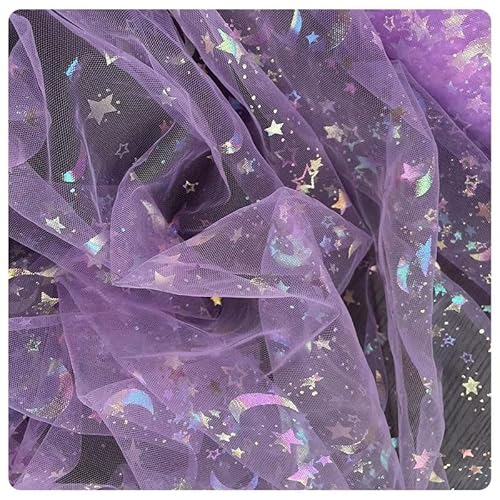 Hrlace Tüll Stoff mit Stern Mond Pailletten Glitzer Tüllstoff Regenbogen Tulle Dekostoff Tüllband Organza Stoffe für Hochzeit DIY Headwear Handwerk Geschenk Wrap Tutu Rock Lila 100cm * 3m von Hrlace