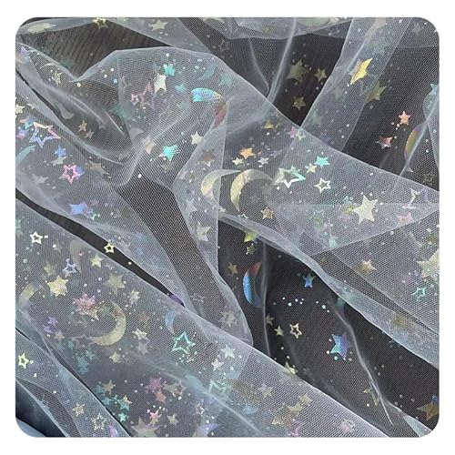 Hrlace Tüll Stoff mit Stern Mond Pailletten Glitzer Tüllstoff Regenbogen Tulle Dekostoff Tüllband Organza Stoffe für Hochzeit DIY Headwear Handwerk Geschenk Wrap Tutu Rock Weiß 100cm * 10m von Hrlace