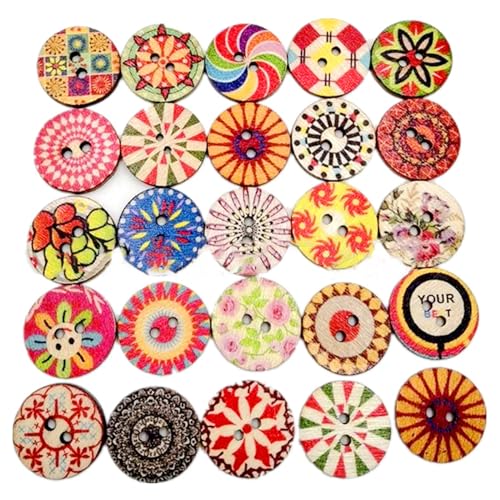 Hrlace Vintage Knöpfe Bunt Knöpfe mit 2 Löcher 3 Größen Gemischt Muster Holzknöpfe Blume Malerei Holz Button Retro-Bastelknöpfe Runde für Kunsthandwerk Nähen DIY Stricken Dekoration 50 Stück 25mm von Hrlace