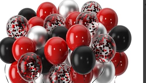 Luftballons Rot Schwarz Metallic Silberne Rot Schwarz Konfetti Ballons 60 PCS Helium Ballons Set Mit 1 Rollen Schwarz Band Als Geburtstag Jubiläum Party Dekoration von Hroanc