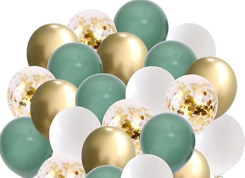 Luftballons Salbeigrün Gold Weiß Gold Konfetti Ballons 60 PCS Helium Ballons Set Mit 1 Rollen Gold Band Als Geburtstag Jubiläum Party Dekoration von Hroanc