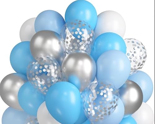 Luftballons Silberne Weiß perlblue Hellblaue Silberne Konfetti Ballons 60 PCS Helium Ballons Set Mit 1 Rollen Silberne Band Als Geburtstag Jubiläum Party Dekoration von Hroanc