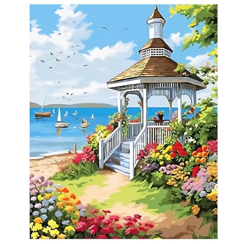 Hrobig Malen Nach Zahlen Erwachsene Landschafts Blumen und Meer - DIY Ölgemälde Leinwand Kit Mit 3 Pinsel und Acrylfarben - Geschenke und Maldekorationen 40X50CM (Ohne Rahmen) von Hrobig