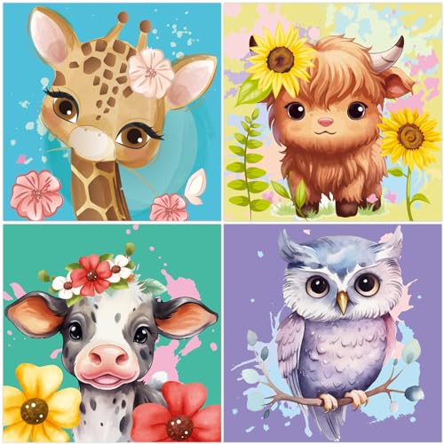 Hrobig Malen Nach Zahlen Tiere 4 Stück ab 5 6 7 8 9 Jahre Mädchen - Eule Giraffe Kuh, DIY Malen Nach Zahlen für Kinder mit Pinsel und Acrylfarben mit als Geschenk 20 X 20cm von Hrobig