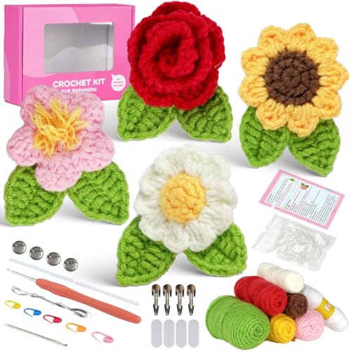 Hrtyvhin Häkel-Starter-Kits für Anfänger, handgefertigt, Blumenbrosche, Garn, Häkelnadel, Anleitung (evtl. nicht in deutscher Sprache) von Hrtyvhin