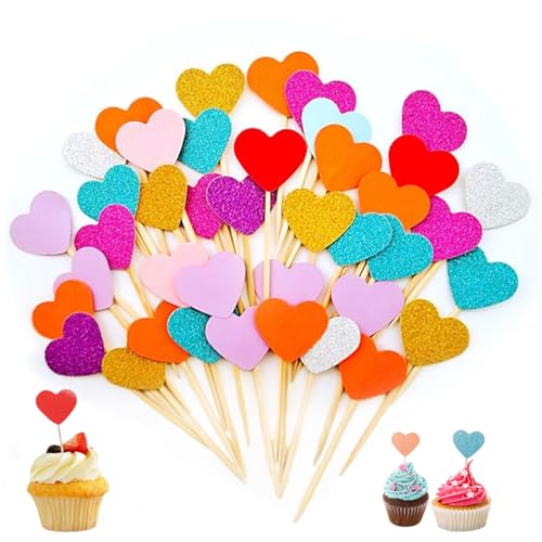 100 Stück Muffin Deko Herzen Cupcake Topper, Zahnstocher Kuchen Cocktail, Herzen Glitter Kuchen Topper Cupcake Picks Herzen Muffin Topper Geburtstag für Geburtstagspartys Ice-Cream Party Dekoration von HsentimenH