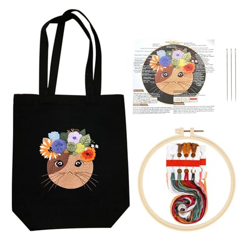 HsentimenH Stickset für Segeltuchtasche, Stickset mit Tasche Sticken Set mit Katzen Blumenmuster, Anfänger Stickerei Set DIY Handgemachte Kreuzstich Sticktasche für Erwachsene Embroidery Kit von HsentimenH