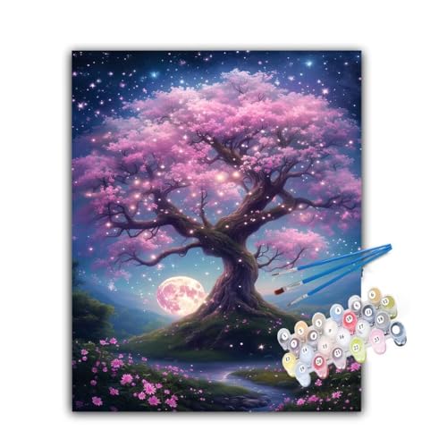 Malen Nach Zahlen Erwachsene Kirschblüten,Malen Nach Zahlen Mond Malen Nach Zahlen Kinder,DIY Handgemalt Ölgemälde Kreativ Set mit 3-Pinseln und Acrylfarben,Deko Wohnzimmer,Ohne Rahmen 90x120cm Hs-894 von Hsqpoobd