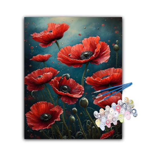 Malen Nach Zahlen Erwachsene Mohn, Malen Nach Zahlen Blume Malen Nach Zahlen Kinder, DIY Handgemalt Ölgemälde Kreativ Set mit 3-Pinseln und Acrylfarben, Deko Wohnzimmer, Ohne Rahmen 100x130cm Hs-740 von Hsqpoobd