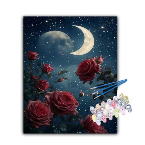 Malen Nach Zahlen Erwachsene Mond, Malen Nach Zahlen Rose Malen Nach Zahlen Kinder, DIY Handgemalt Ölgemälde Kreativ Set mit 3-Pinseln und Acrylfarben, Deko Wohnzimmer, Ohne Rahmen 45x60cm Hs-720 von Hsqpoobd