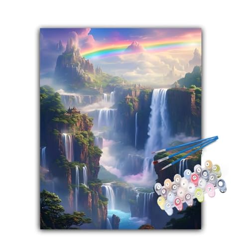 Wasserfall Malen Nach Zahlen Regenbogen Malen Nach Zahlen Erwachsene 30x40cm,DIY Paint by Numbers mit Pinseln und Acrylfarbe Handgemalt Ölgemälde Leinwand für Zimmer Deko,Ohne Rahmen,Geschenk Hs-737 von Hsqpoobd