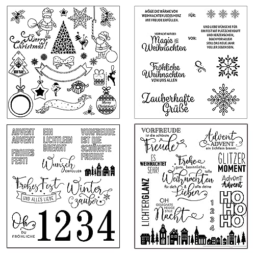 4 Blätter Clear Stamp Weihnachten, Silikonstempel Weihnachten Deutsch, Frohe Weihnachten Stempel, Silikonstempel Winter Clear Stempel Set für DIY Bullet Journal Scrapbooking Fotoalbum Stempelset von Hsupez