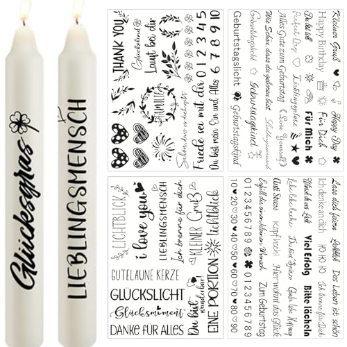 Hsupez 4 Bogen Kerzen Tattoo Folie A4 Kerzensprüche Kerzenaufkleber LIEBLINGSMENSCH Happy Birthday Geburtstag Kerzentattoos Dekorative Kerzen Wasserschiebefolie für Stabkerzen Basteln DIY von Hsupez