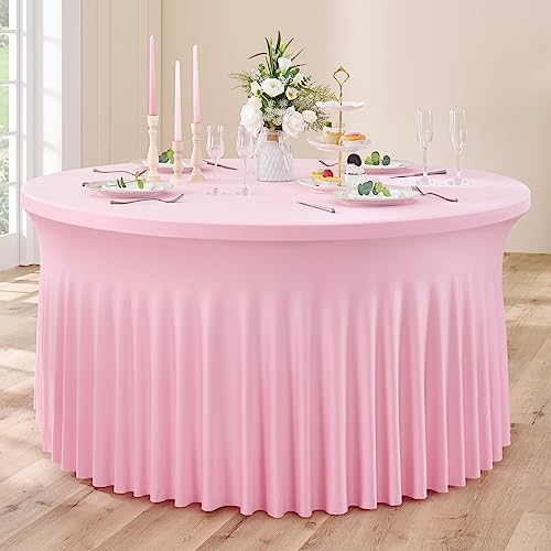 1 Pack Dehnbare Spandex Rosa Runde Tischdecke für 122 cm Runden Tisch, Strecth Runde Tischdecke 280 cm für Bankett, Hochzeitsempfang, Buffettisch, Party, Geburtstag, Urlaub, Abendessen von Htper