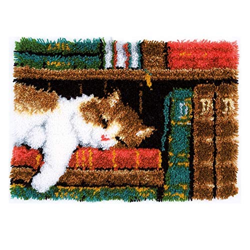 HuaHong Knüpfteppich DIY Handwerk Knüpfpackung zum Selber Knüpfen Teppich Kreuzstich Set für Kinder, Erwachsene, 52 x 38 cm (Color : Cat on Book) von HuaHong