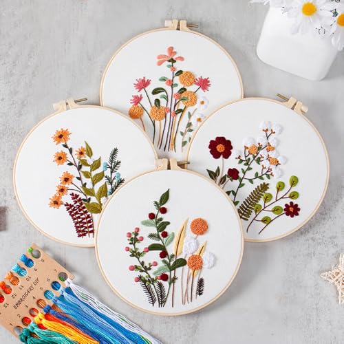 Huacan 5-teiliges Stickset für Anfänger, enthält Stickkleidung mit Muster, Stickrahmen, Anleitung (evtl. nicht in deutscher Sprache), Farbfäden-Nadel-Set (Sonnenblume) (Blume B) von Huacan