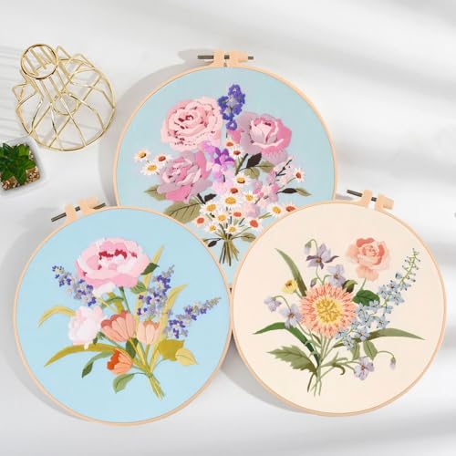 Huacan Stickerei Kreuzstich Set für Erwachsene Anfänger 3 Stk Handmade Embroidery Kit mit Blumen Muster von Huacan