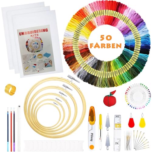 Huacan Stickerei Set 109 Stück Embroidery Starter Werkzeug Kit mit Anleitung, 5 Bambus-Stickrollen, 50 Stickgarn, 2 Aida-Tücher und Kreuzstich Tools für Erwachsene und Anfänger von Huacan