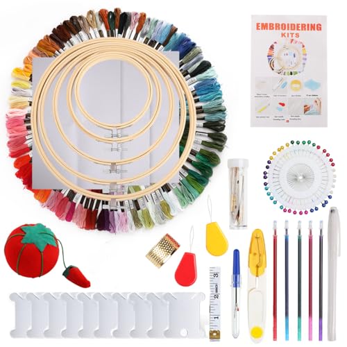 Huacan Stickerei Set 204 Stück Embroidery Starter Werkzeug Kit mit Anleitung, 5 Bambus-Stickrollen, 100 Stickgarn, 3 Aida-Tücher und Kreuzstich Tools für Erwachsene und Anfänger von Huacan