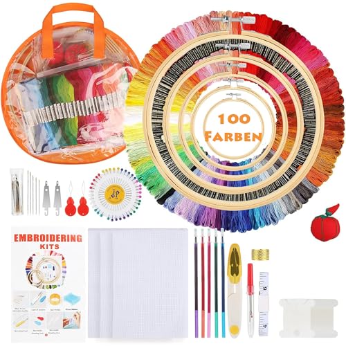 Huacan Stickerei Set 205 Stück Embroidery Starter Werkzeug Kit mit Anleitung, 5 Bambus-Stickrollen, 100 Stickgarn, 3 Aida-Tücher und Kreuzstich Tools für Erwachsene und Anfänger von Huacan