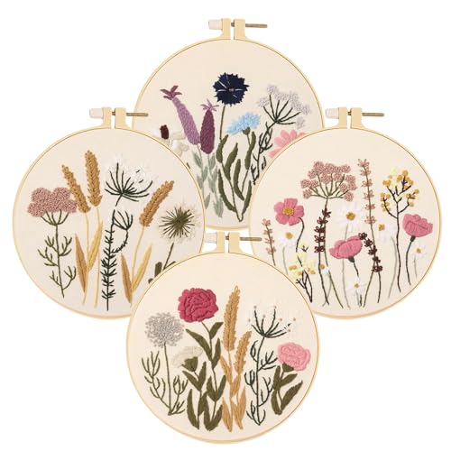 Huacan Stickerei Set für Anfänger Adults 4 Stück Diy Stickset Blumen Muster Pflanzen Kreuzstich Set Kunst Handwerk Geschenk 20 x 20 cm von Huacan