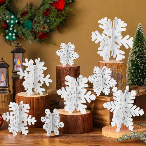 16 Stück Schneeflocken Weihnachten Tischdekorationen – 3D weiße Holz-Schneeflocke Tischaufsätze Schneeflocke Tischdekoration Xmas Schneeflocke Schilder für Weihnachten Party Supplies Home Winter Decor von Huaerle