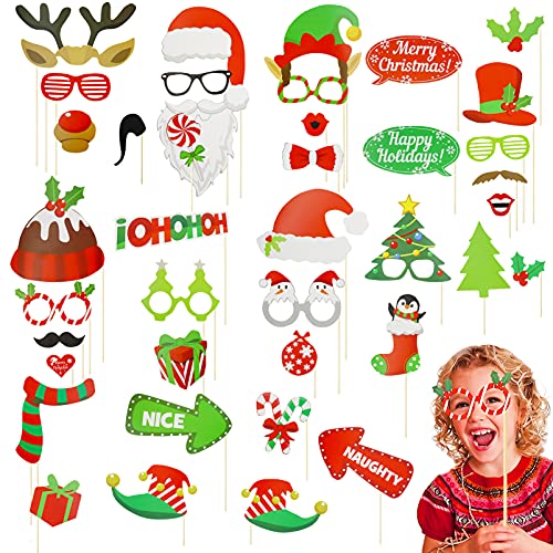 40PCS Weihnachten Foto Requisiten,Weihnachten Photo Requisiten, Weihnachten Photo Booth Requisiten,Xmas Party Photo Supplies, Kreative Weihnachtsrequisiten,Photo Booth Selfie Rahmen Requisiten Set von Huahuanghui