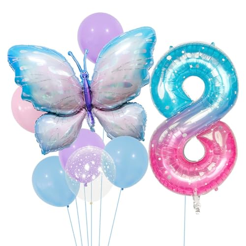 Huamengyuan Party-Deko Luftballons Geburtstag Happy Birthday Ballon Schmetterling Geburtstag Party Set 40-Zoll-Ballon-Set aus Aluminiumfolie mit Farbverlauf für Dekoration der Kinder mit der Nummer 8 von Huamengyuan