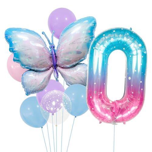 Huamengyuan Party-Deko Luftballons Geburtstag Happy Birthday Ballon Schmetterling Geburtstag Party Set 40-Zoll-Ballon-Set aus Aluminiumfolie mit Farbverlauf für Dekoration der Kinder mit der Nummer 0 von Huamengyuan
