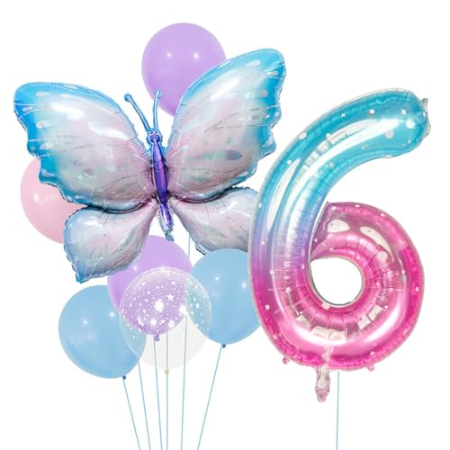 Huamengyuan Party-Deko Luftballons Geburtstag Happy Birthday Ballon Schmetterling Geburtstag Party Set 40-Zoll-Ballon-Set aus Aluminiumfolie mit Farbverlauf für Dekoration der Kinder mit der Nummer 6 von Huamengyuan