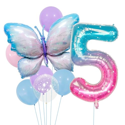 Huamengyuan Party-Deko Luftballons Geburtstag Happy Birthday Ballon Schmetterling Geburtstag Party Set 40-Zoll-Ballon-Set aus Aluminiumfolie mit Farbverlauf für Dekoration für Kinder mit der Nummer 5 von Huamengyuan