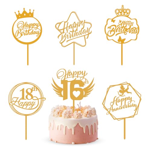 Huamengyuan schilder flaggen 6er-Set Goldenes Happy Birthday Tortendeko Set Acryl Glitter Cupcake Topper Girlande Herze Sternen Cake Topper Kuchen Deko für Mädchen Kinder Hochzeit Mutter von Huamengyuan