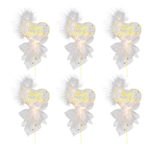 Huamengyuan schilder flaggen Happy Birthday tortenaufsatz Geburtstagsparty Tortendeko Kuchendeko Tortenstecker 6er-Set goldene elegante Federn Netzschleife Perlen Kuchendeko für Geburtstag Schön von Huamengyuan