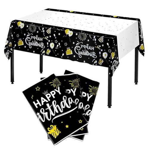 3 Stück Geburtstag Tischdecke, Schwarz Happy Birthday Tischdecke, Papiertischdecke Schwarz, 274 x 137cm Schwarz und Weiß Party Tischdecke, für Geburtstagsfeiern Partys und Dinnerpartys von Huamirra