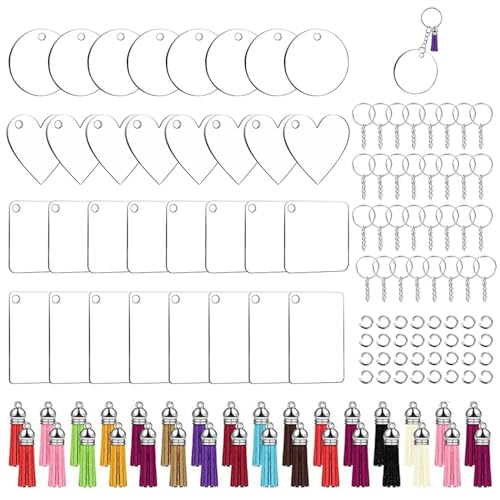 Acryl-Schlüsselanhänger, 128 Stück Acryl klar Runde Schlüsselanhänger Set mit Loch, enthält Acryl Schlüsselanhänger leer, Schlüsselring, gebogenen Ring und Quaste Anhänger, geeignet für DIY von Huamirra