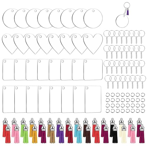 Acryl Schlüsselanhänger, 128 Stück perforiertes Acryl Schlüsselanhänger Set mit klarem Acryl Schlüsselanhänger Rohling, Schlüsselring, Quasten Anhänger und Schleife, Für Dekorieren von Huamirra