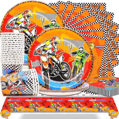 Dirt Bike Party Tableware Decorations, 61 Piece Motorcycle Decoration Birthday Set Including Dessert Plates, Cups, Napkins and Tablecloth for Motocross Party Decoration Table Decoration von Huaxintoys