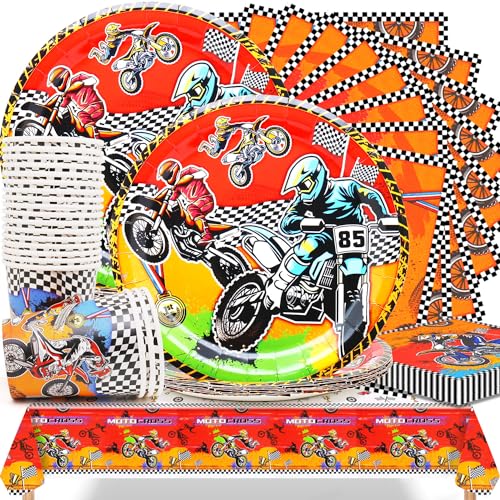 Dirt Bike Party Tableware Decorations, 61 Piece Motorcycle Decoration Birthday Set Including Plates Ø 9in, Cups, Napkins and Tablecloth for Motocross Party Decoration Table Decoration von Huaxintoys