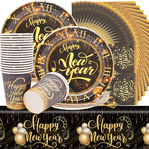 Huaxintoys Happy New Year Schwarzes Gold Partygeschirr,Partyzubehör Pappteller Set Einschließlich 1 Tischdecke, 20 Dessertteller, 20 Becher und 20 Servietten für Silvesterparty Neujahr Partys von Huaxintoys