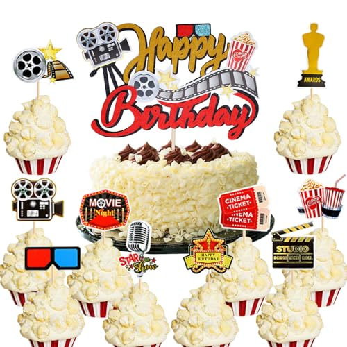 Huaxintoys 21 Stück Film-Thema Tortendeko,Filmabend Cake Topper, Movie Theater Cupcake Toppers,Movie Night Kuchen Dekorationen,Film Thema Party Kuchen Dekorationen,Kino Film Thema Party Kuchendeckel von Huaxintoys