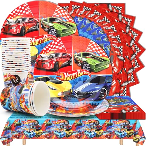 Huaxintoys 61 Pcs Rennwagen Kindergeburtstag Partygeschirr, Rennwagen Kindergeburtstag Dekoration,Rennauto Partygeschirr, Tischdecke Teller Tassen Servietten, für Kindergeburtstag Party Supplies von Huaxintoys