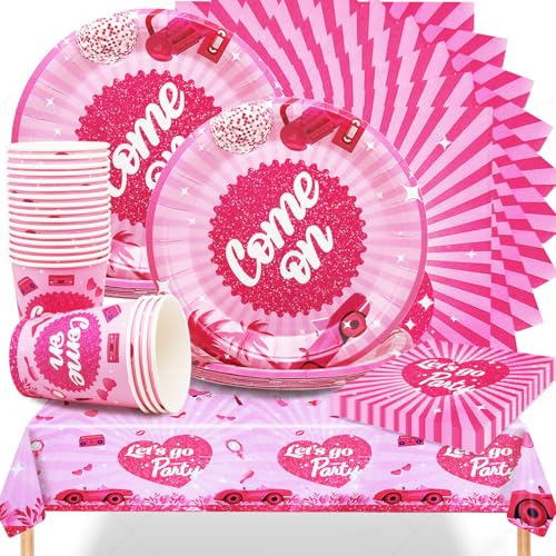 Huaxintoys 61 Stück Prinzessin Partygeschirr, Rosa Prinzessin Partygeschirr, Auto Rosa Party geschirr, Prinzessin Mädchen Partygeschirr Set, Party Geburtstag Mädchen Deko, Rosa Thema Party Geschirr von Huaxintoys