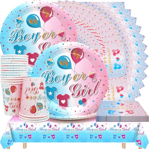 Huaxintoys Gender Revealing Party Cutlery, Gender Reveal Party Tableware Set (16 Paper Plates 7 in, 20 Napkins, 16 Cups und 1Tablecloth) for Boy or Girl Decoration Party Accessories, Baby Shower von Huaxintoys