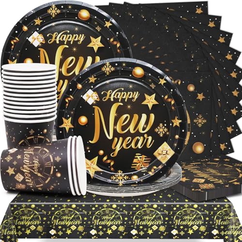 Huaxintoys Happy New Year Schwarzes Gold Partygeschirr,Partyzubehör Pappteller Set Einschließlich 1 Tischdecke, 16 Dessertteller, 16 Becher und 20 Servietten für Silvesterparty Neujahr Partys von Huaxintoys