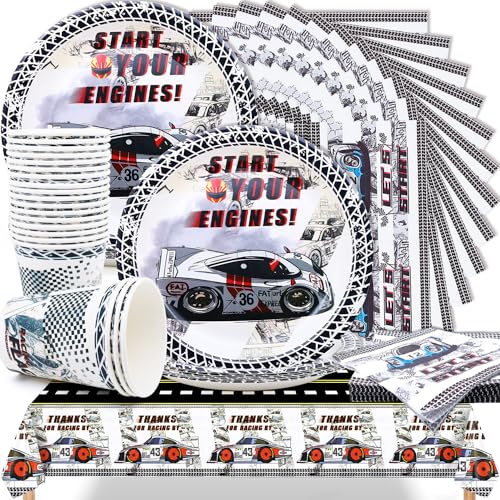 Huaxintoys Racing Party Tableware Decorations, 61 Piece Racing Decoration Birthday Set Including Dessert Plates, Cups, Napkins and Tablecloth for Racing Car Party Decoration Table Decoration von Huaxintoys